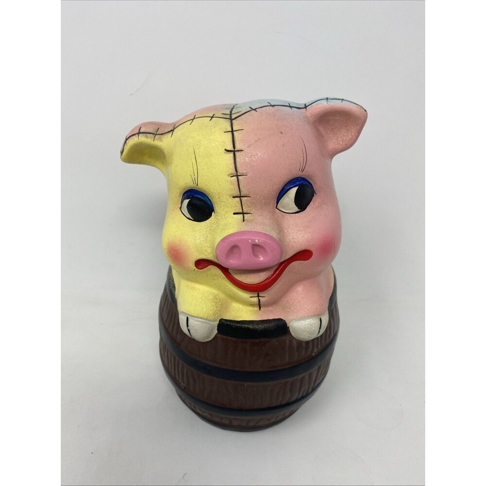 Vintage Japan Hand Painted Ceramic Pig In Barrel Colorful Piggy Bank With Plug